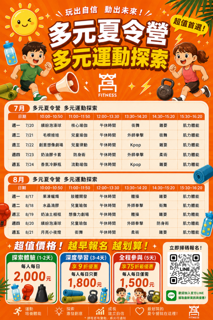 窩 WoFitness 兒童＆親子夏令營招生海報｜台北大安台電大樓站，多元運動與才藝課程